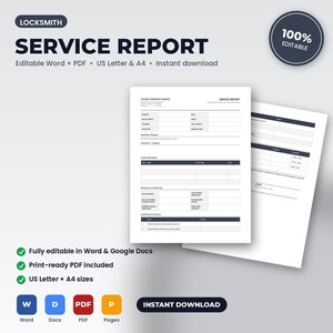 Locksmith Job Completion Service Report | Editable Word + PDF | US Letter + A4 | Instant Download immagine 1