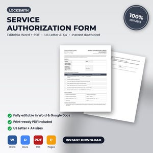 Locksmith Service Authorization & Proof of Ownership Form | Editable Word + PDF | US Letter + A4 | Instant Download