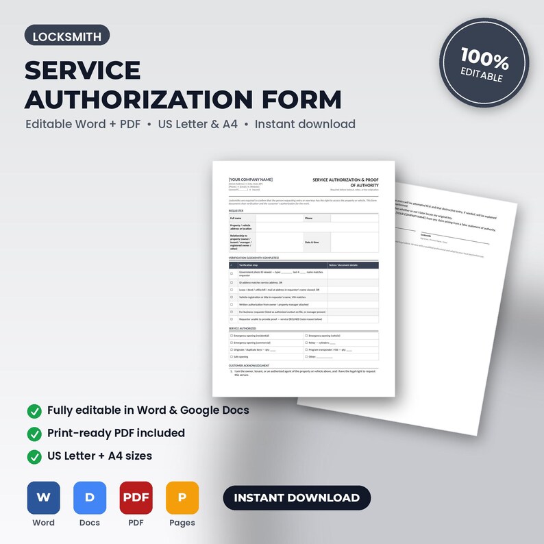 Locksmith Service Authorization & Proof of Ownership Form | Editable Word + PDF | US Letter + A4 | Instant Download Bild 1