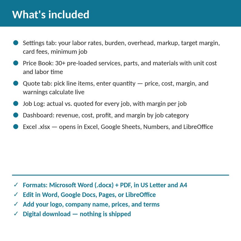 Pool Service Job Costing & Quote Calculator Spreadsheet | Excel + Google Sheets | Instant Download immagine 2
