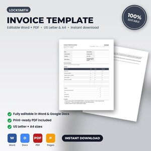 Locksmith Invoice Template | Editable Word + PDF | US Letter + A4 | Instant Download imagem 1