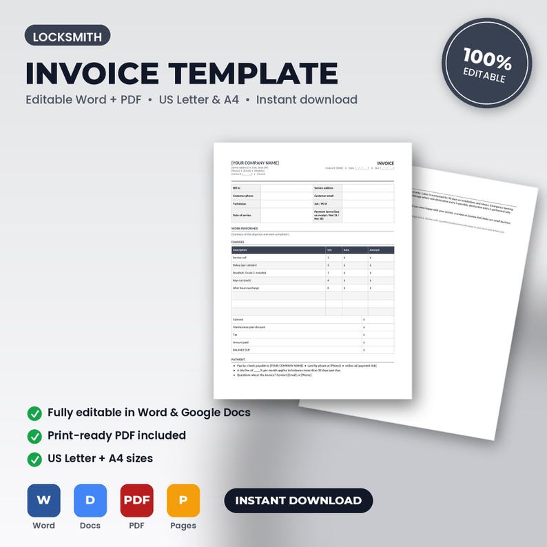 Locksmith Invoice Template | Editable Word + PDF | US Letter + A4 | Instant Download imagem 1