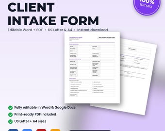 Chiropractic Office New Patient / Client Intake & Health History Form | Editable Word + PDF | US Letter + A4 | Instant Download
