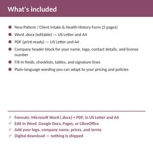 May include: A digital document template titled What's included, listing a two-page New Patient Client Intake and Health History Form in Word .docx and PDF formats for US Letter and A4 sizes, featuring fill-in fields, tables, and signature lines.