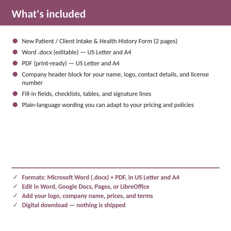 May include: A digital document template titled What's included, listing a two-page New Patient Client Intake and Health History Form in Word .docx and PDF formats for US Letter and A4 sizes, featuring fill-in fields, tables, and signature lines.