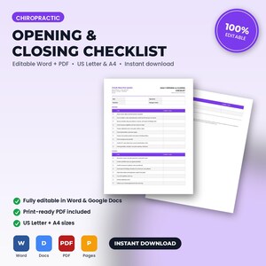 Könnte beinhalten: Eine Checkliste für die Eröffnung und Schließung einer chiropraktischen Praxis als Dokumentvorlage mit violetten Akzenten. Der Text lautet Chiropractic Opening & Closing Checklist, Daily Opening & Closing Checklist, inklusive Aufgaben.
