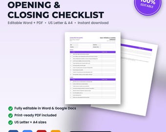 Chiropractic Office Daily Opening & Closing Checklist | Editable Word + PDF | US Letter + A4 | Instant Download