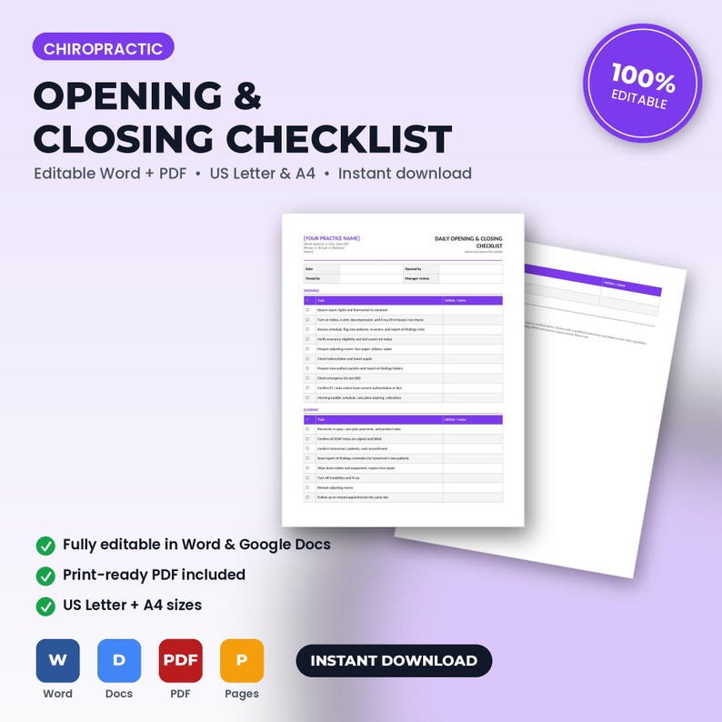 Puede incluir: Una plantilla de documento de lista de verificaci&oacute;n de apertura y cierre quiropr&aacute;ctico con detalles en morado. El texto dice Chiropractic Opening & Closing Checklist, Daily Opening & Closing Checklist, e incluye tareas y casillas.