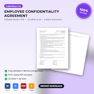 May include: A digital document template titled Chiropractic Employee Confidentiality Agreement. The white page features black text with purple headers, including sections for confidentiality, employee obligations, and signature lines for US Letter size.
