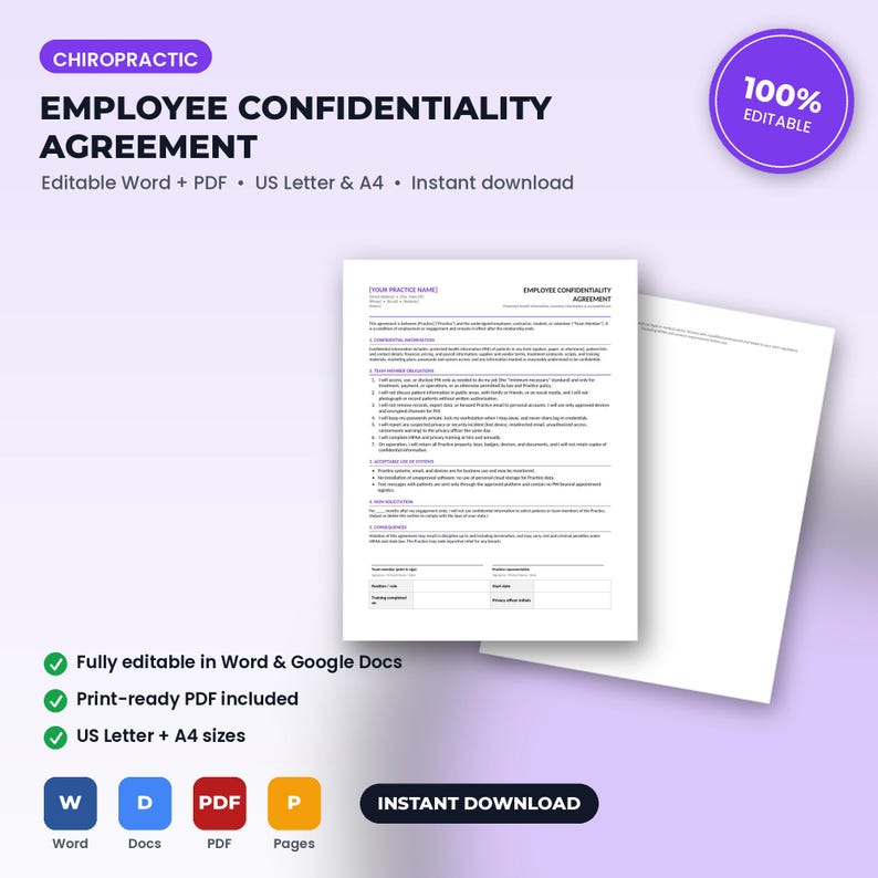 May include: A digital document template titled Chiropractic Employee Confidentiality Agreement. The white page features black text with purple headers, including sections for confidentiality, employee obligations, and signature lines for US Letter size.