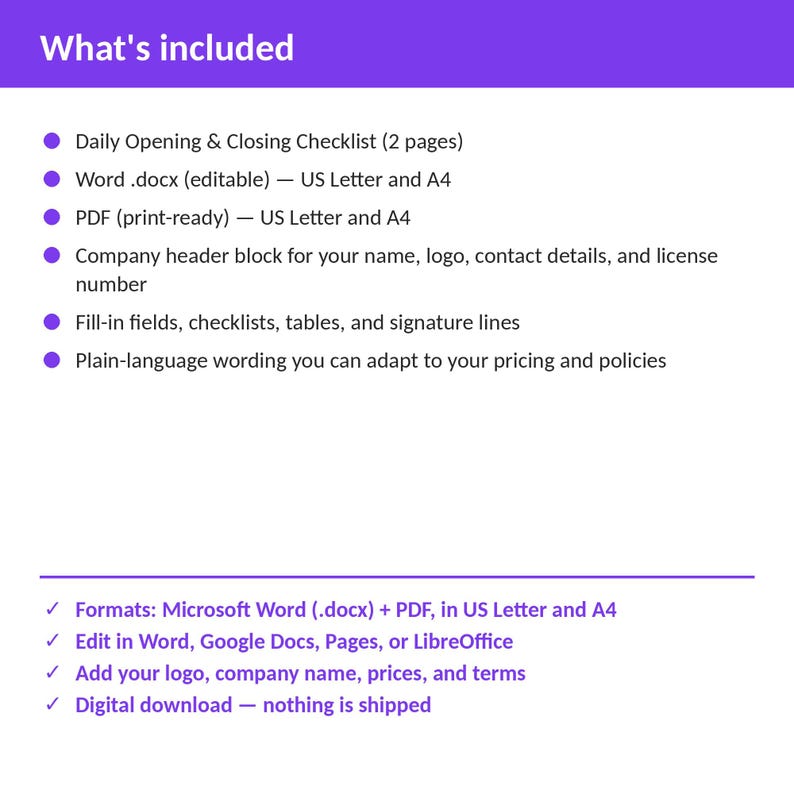 Puede incluir: Una plantilla de documento digital titulada What's included, que incluye una lista de verificaci&oacute;n diaria de apertura y cierre, archivos Word .docx editables y PDF listos para imprimir en tama&ntilde;os US Letter y A4, un encabezado de empresa y campos.