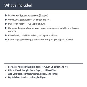 Locksmith Master Key System Agreement | Editable Word + PDF | US Letter + A4 | Instant Download image 2