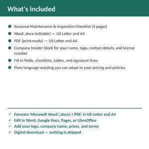 Pu&ograve; includere: Un documento digitale intitolato What's included, che elenca una lista di controllo per la manutenzione e l'ispezione stagionale di 3 pagine in formato Word .docx e PDF per US Letter e A4. Include intestazione, campi e linguaggio chiaro.