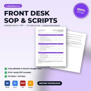 May include: Chiropractic front desk SOP and scripts document template featuring a daily task list and phone scripts. The document is editable in Word and PDF formats, available in US Letter size, and includes sections for morning, end of day, and phone scripts.
