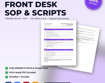 Chiropractic Office Front Desk SOP, Daily Task List & Phone Scripts | Editable Word + PDF | US Letter + A4 | Instant Download