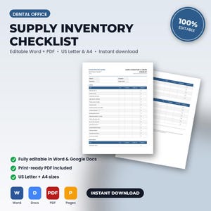 May include: A digital dental office supply inventory checklist template featuring a white document with blue headers, columns for item names, quantities on hand, and order status, presented in US Letter and A4 sizes for Word and PDF formats.