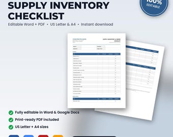 Dental Office Supply Inventory & Order Checklist | Editable Word + PDF | US Letter + A4 | Instant Download