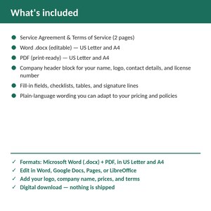 May include: A digital document template titled What's included, listing features like a Service Agreement, editable Word .docx and print-ready PDF files in US Letter and A4 sizes, company header blocks, fill-in fields, and plain-language wording.