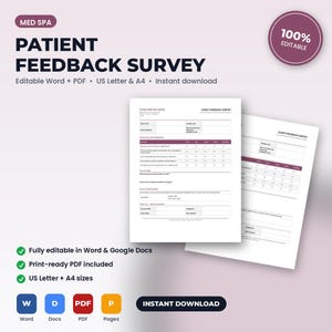 Peut inclure: Un mod&egrave;le num&eacute;rique de questionnaire de satisfaction patient pour spa m&eacute;dical, avec du texte sombre sur papier blanc. Le document comprend des sections pour la date, le nom du prestataire et une &eacute;chelle d'&eacute;valuation. Format A4 modifiable.