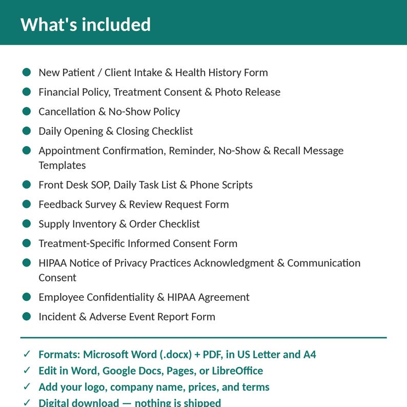IV Hydration Clinic Complete Practice Kit | 12 Editable Forms: Intake, Consents, HIPAA, Policies, Checklists, Scripts | Word + PDF image 2
