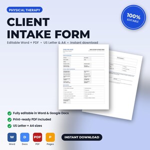 May include: A physical therapy client intake form template featuring two white pages with black text and blue accents. The document includes sections for patient information, physical therapy case details, and medical history in US Letter size.