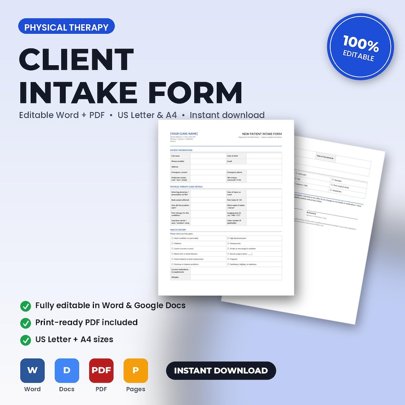 May include: A physical therapy client intake form template featuring two white pages with black text and blue accents. The document includes sections for patient information, physical therapy case details, and medical history in US Letter size.