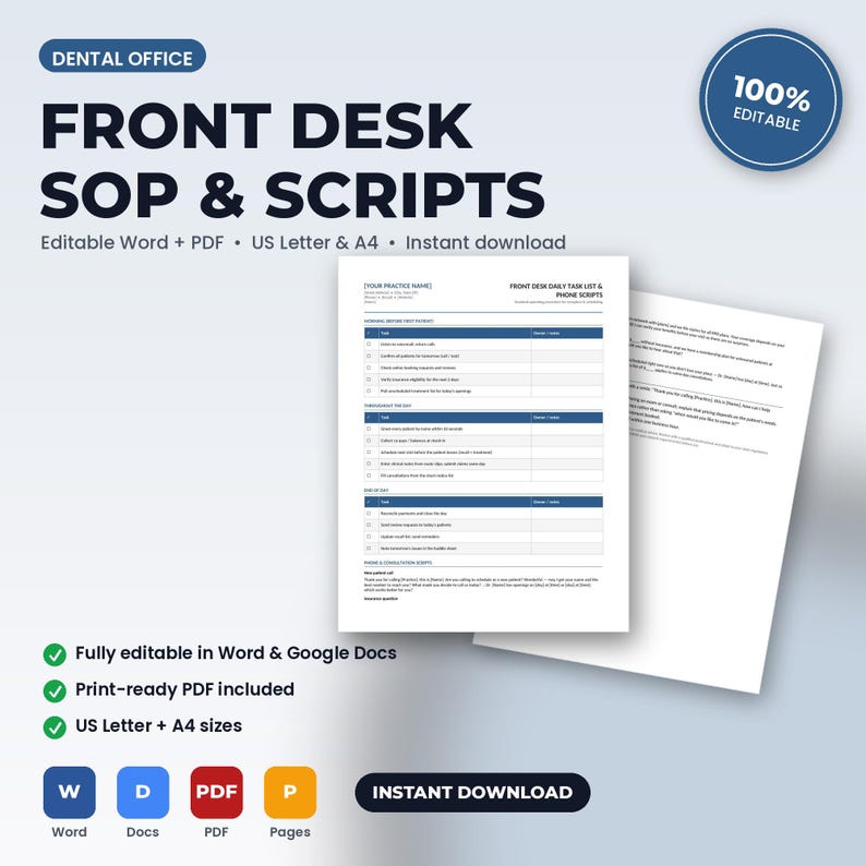 May include: A digital document set titled Dental Office Front Desk SOP & Scripts, featuring editable task lists and phone scripts. The layout includes blue headers, checkboxes, and text fields, available in US Letter and A4 sizes for instant download.