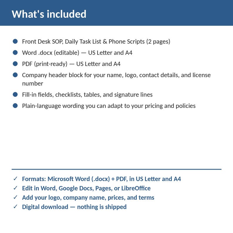 May include: A digital document listing titled What's included, featuring a Front Desk SOP, Daily Task List, and Phone Scripts. It specifies editable Word .docx and print-ready PDF formats in US Letter and A4 sizes, with fill-in fields and tables.
