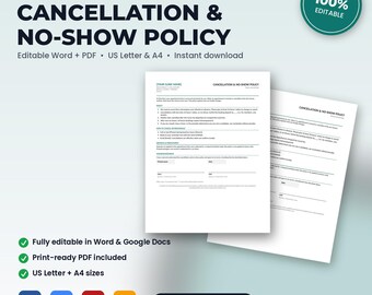 IV Hydration Clinic Cancellation & No-Show Policy | Editable Word + PDF | US Letter + A4 | Instant Download