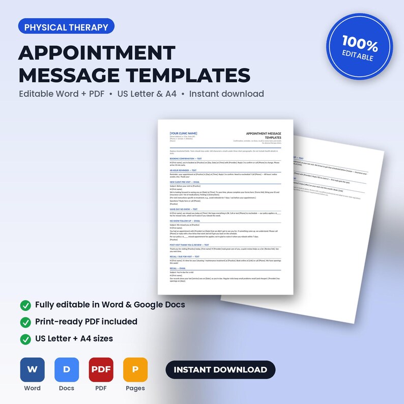 Puede incluir: Plantillas de mensajes de citas para fisioterapia en formatos Word y PDF. El documento presenta encabezados de texto que incluyen Appointment Message Templates, y secciones para confirmaciones de reserva, recordatorios y seguimientos en papel A4.