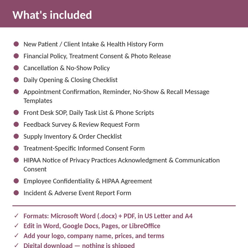 Med Spa Complete Practice Kit | 12 Editable Forms: Intake, Consents, HIPAA, Policies, Checklists, Scripts | Word + PDF image 2