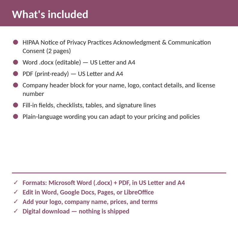 Med Spa HIPAA Notice of Privacy Practices Acknowledgment & Communication Consent | Editable Word + PDF | US Letter + A4 | Instant Download image 2