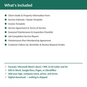 Pu&ograve; includere: Un set di documenti digitali che elenca i moduli aziendali inclusi: scheda cliente, preventivo, fattura, contratto di servizio, lista di controllo manutenzione, rapporto di lavoro, accordo di adesione e script di follow-up in Word e PDF.