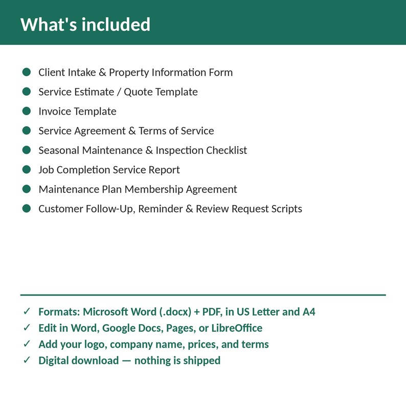Pu&ograve; includere: Un set di documenti digitali che elenca i moduli aziendali inclusi: scheda cliente, preventivo, fattura, contratto di servizio, lista di controllo manutenzione, rapporto di lavoro, accordo di adesione e script di follow-up in Word e PDF.