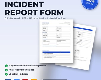 Physical Therapy Incident & Adverse Event Report Form | Editable Word + PDF | US Letter + A4 | Instant Download