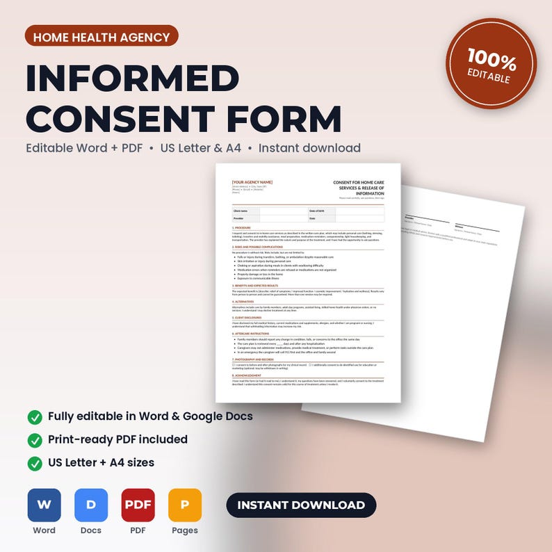 Home Health Agency Treatment-Specific Informed Consent Form | Editable Word + PDF | US Letter + A4 | Instant Download image 1