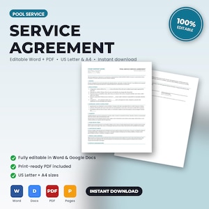 May include: A digital pool service agreement template featuring the text POOL SERVICE SERVICE AGREEMENT. The document includes sections for services, fees, payment, scheduling, and liability, available in Word, PDF, and Google Docs formats.