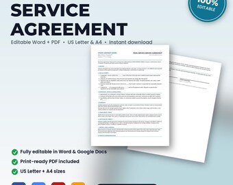 Pool Service Agreement & Terms of Service | Editable Word + PDF (US Letter + A4)