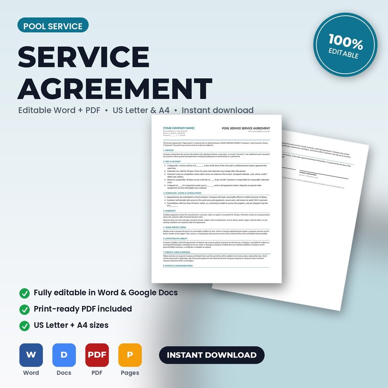 May include: A digital pool service agreement template featuring the text POOL SERVICE SERVICE AGREEMENT. The document includes sections for services, fees, payment, scheduling, and liability, available in Word, PDF, and Google Docs formats.