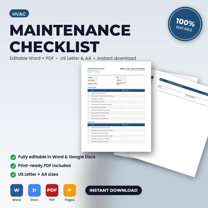 K&ouml;nnte beinhalten: Eine HVAC-Wartungscheckliste mit Abschnitten f&uuml;r Kundeninformationen, Serviceadresse und Ger&auml;tedetails. Das Formular enth&auml;lt eine Aufgabenliste f&uuml;r die Wartung im Fr&uuml;hjahr und Herbst mit Kontrollk&auml;stchen, verf&uuml;gbar in US Letter und A4.