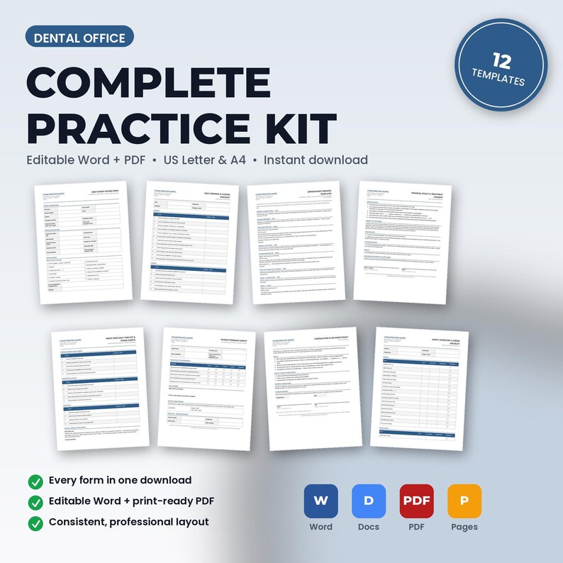 Dental Office Complete Practice Kit | 12 Editable Forms: Intake, Consents, HIPAA, Policies, Checklists, Scripts | Word + PDF imagem 1