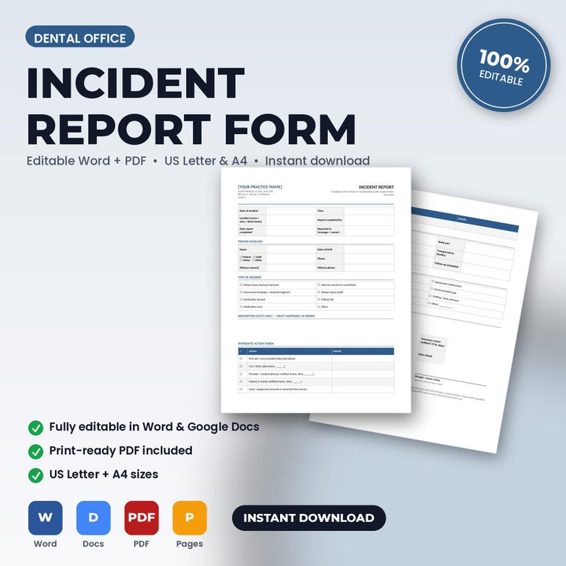 Dental Office Incident & Adverse Event Report Form | Editable Word + PDF | US Letter + A4 | Instant Download afbeelding 1