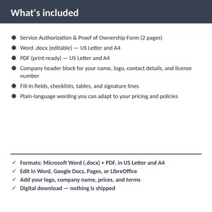 Locksmith Service Authorization & Proof of Ownership Form | Editable Word + PDF | US Letter + A4 | Instant Download Bild 2