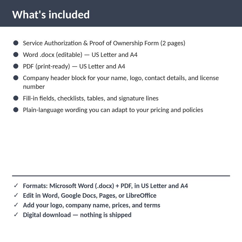 Locksmith Service Authorization & Proof of Ownership Form | Editable Word + PDF | US Letter + A4 | Instant Download Bild 2