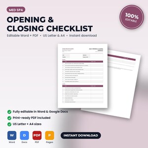 May include: A digital template for a Med Spa Opening & Closing Checklist. The document features sections for daily tasks, including checkboxes and columns for notes. It is presented in white with dark purple headers and accents, available in US Letter.
