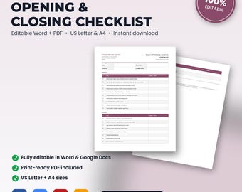 Lista de verificación diaria de apertura y cierre de spa médico / Word editable + PDF / Carta estadounidense + A4 / Descarga instantánea