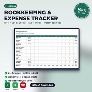 Plumbing Bookkeeping, Expense & Mileage Tracker Spreadsheet | Excel + Google Sheets | Instant Download afbeelding 1