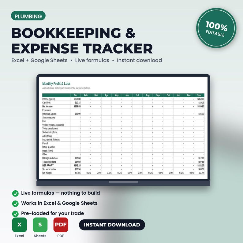 Plumbing Bookkeeping, Expense & Mileage Tracker Spreadsheet | Excel + Google Sheets | Instant Download afbeelding 1