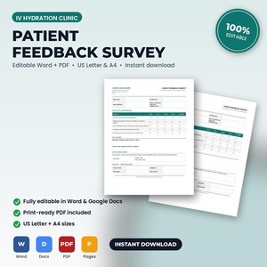 Pu&ograve; includere: Un modello digitale per un sondaggio di feedback dei pazienti per una clinica di idratazione IV. Il documento include sezioni per i dettagli dell'appuntamento, il nome del fornitore e una griglia di valutazione. Formati US Letter e A4.