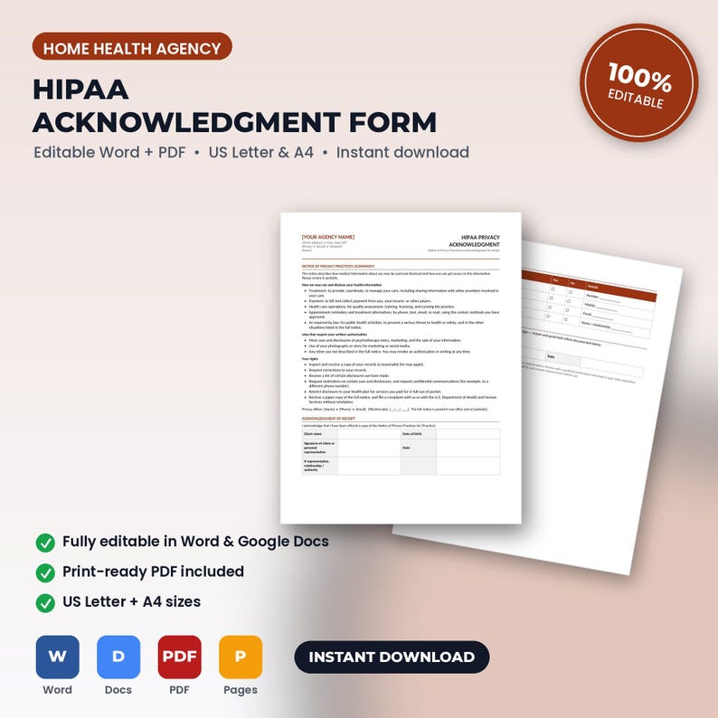 Home Health Agency HIPAA Notice of Privacy Practices Acknowledgment & Communication Consent | Editable Word + PDF | Instant Download imagen 1